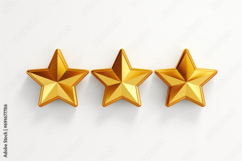Poster Three golden stars on a white surface. Perfect for adding a touch of elegance and glamour to any design project