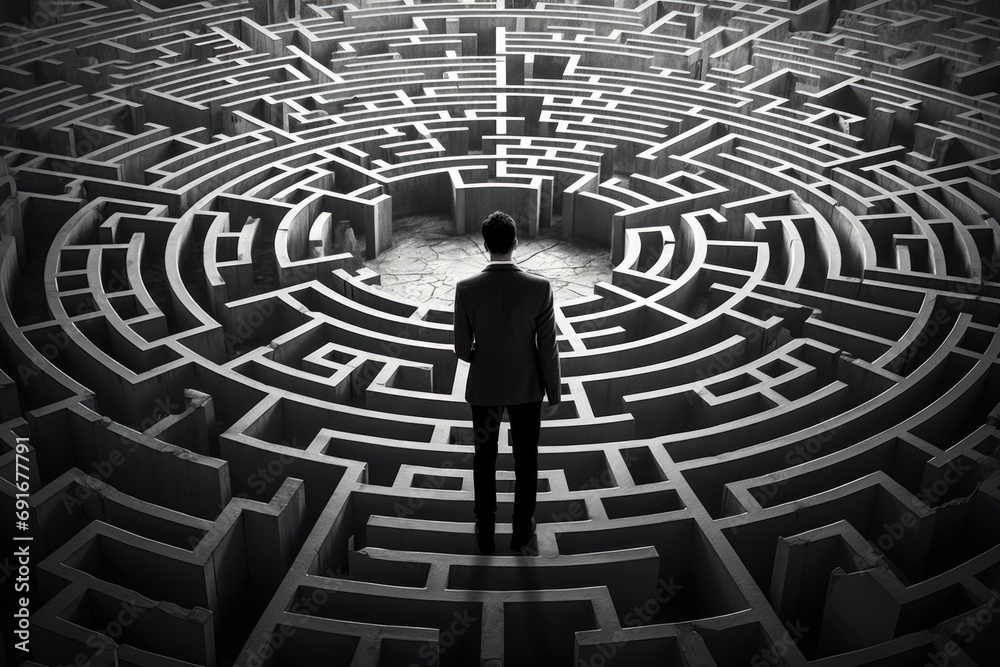 Aufkleber A man standing in front of a maze. Suitable for illustrating concepts such as decision-making, problem-solving, challenges, and opportunities