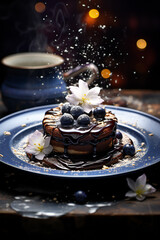 pancakes with chocolate and nuts. Piece of delicious sweet cake with cream and mint. Celebration and Birthday background