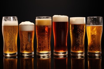 A row of glasses filled with different types of beer. Perfect for illustrating a variety of beer options or showcasing a beer tasting event - obrazy, fototapety, plakaty