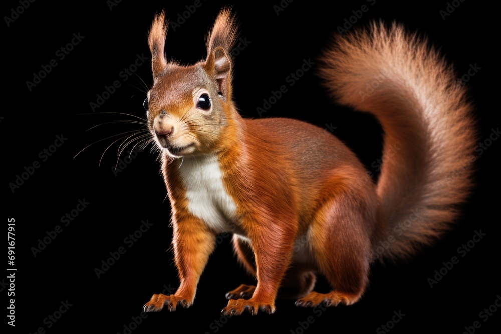 Poster a close-up view of a squirrel against a black background. suitable for nature-themed designs and ani