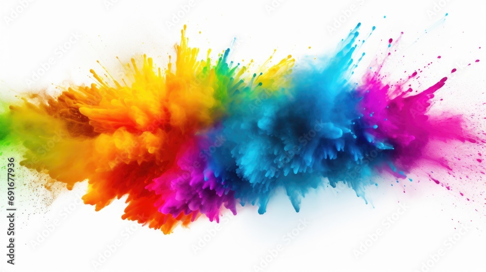 Poster Colorful powder exploding on a clean white background. Perfect for adding a vibrant and dynamic touch to your designs