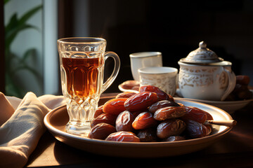 Christmas lantern with candle. Ramadan lanterns and a plate of dates on the table for ramadan kareem concept, blurred background