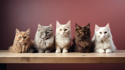  a group of cats sitting next to each other on a wooden table in front of a pink wall and a wooden table in front of them is a row of four cats.