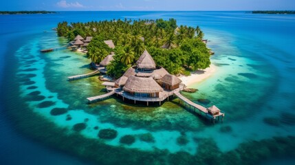 An idyllic island oasis with traditional thatched huts nestled amidst the vast expanse of the ocean. - obrazy, fototapety, plakaty