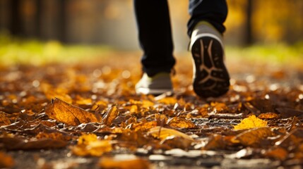 A person walking on a leaf-covered path.
