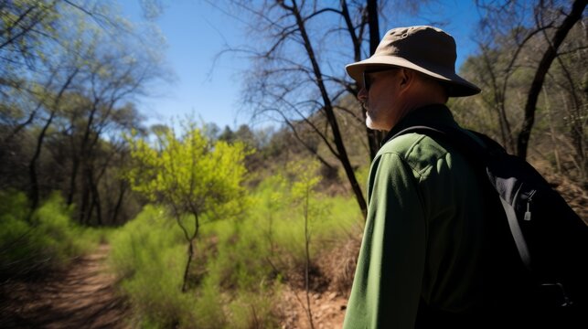 A hiker with a hat and backpack walking on a trail surrounded by nature's beauty.