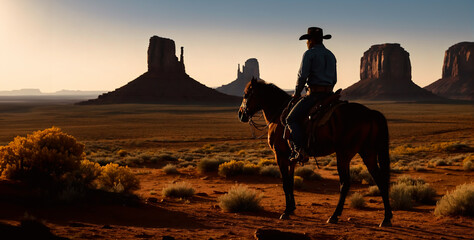 Silhouette of a cowboy on horseback looking at Monument Valley - obrazy, fototapety, plakaty