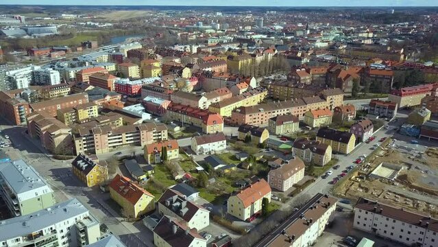 Aerial view of old historical Linkoping city in Sweden. European architecture in Scandinavian town