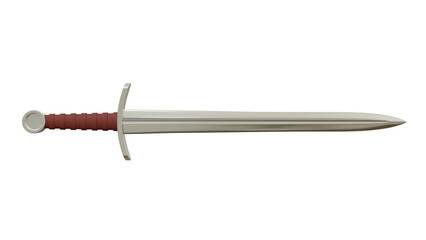 Medieval steel sword with red handle isolated on transparent and white background. Knight concept. 3D render - obrazy, fototapety, plakaty