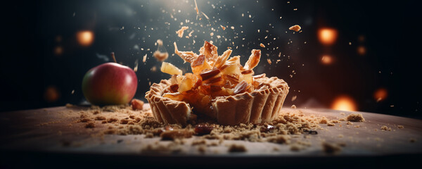wide banner of apple pie showing filling and flying ingredients and crumbs , homemade recipe of...
