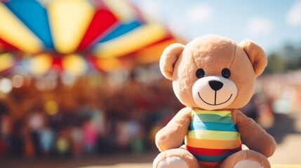 A striped-shirted teddy bear sitting in front of a vibrant carnival, filled with colorful rides and joyful people.