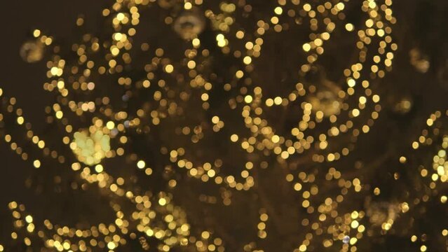 Shimmering golden garland on a Christmas tree. Blurred bokeh light. Golden light on a dark background. Christmas illumination. Animated abstract glowing background. Unsharp bulbs. Festive mood
