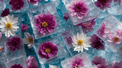Experience the ethereal beauty of frozen flowers in ice cubes, each petal perfectly preserved in a crystal clear block of ice.