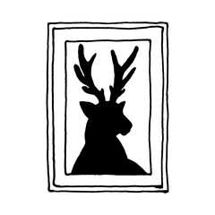 Painting with a deer. Canvas art of animal painting for decoration. Black and white style. A simple line hand drawing. Black contour linear silhouette. Vector graphics outline illustration
