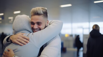 Two men embracing warmly at an airport, expressing a heartfelt reunion or farewell.