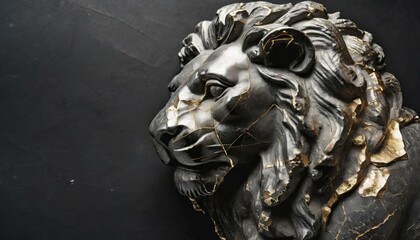 Statue / Skulptur eines Löwen-Kopfes aus Stein mit Rissen vor dunklem Hintergrund. Illustration