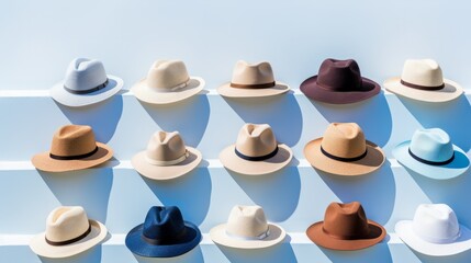 Many hats lined up in a row, showcasing a variety of styles, colors, and designs. - obrazy, fototapety, plakaty