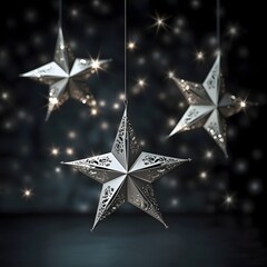 Hanging colorful decorated stars, bubbles on a dark Christmas background. The Christmas star as a symbol of the birth of the savior.
