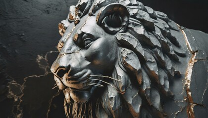 Statue / Skulptur eines Löwen-Kopfes aus Stein mit Rissen vor dunklem Hintergrund. Illustration