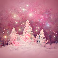 Pink abstraction from paint, watercolor; stars, bokeh effect, pine trees and snow. The Christmas star as a symbol of the birth of the savior.