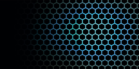 Black background with blue neon hexagon grid. Glowing hex background. with lamp light