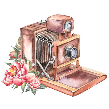 Retro camera and flower arrangement. Isolated watercolor illustration. Vintage object painting.