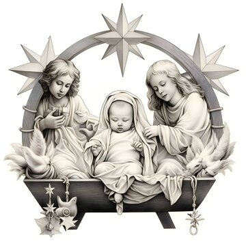 Black and White coloring sheet of a manger, a born baby and two angels. The Christmas star as a symbol of the birth of the savior.