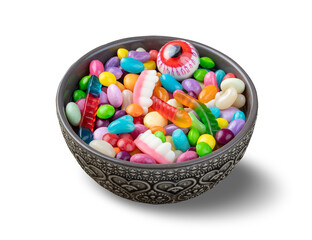 Assorted colorful candies on a bowl isolated over white background