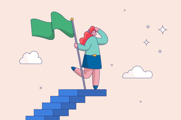 Woman leadership concept. Success fearless female entrepreneur, Challenge and achievement, success businesswoman on top of career staircase holding winning flag looking for future visionary.