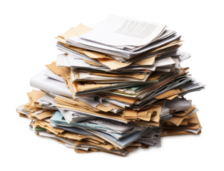 stack of old sheets of paper and magazines , isolated 
