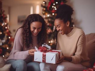 Young interracial lesbian couple gifting presents during christmas