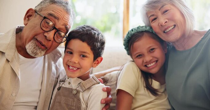 Family, smile and face on video call, wave and hug at home, connect and hello for greeting. Grandparents and grandchildren, couch and online chat on holiday, vacation and happy or excited for love
