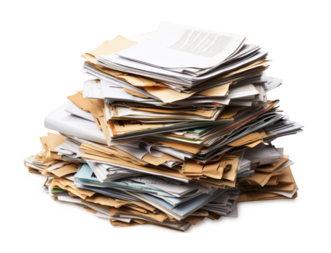 stack of old sheets of paper and magazines , isolated 