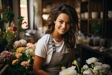 Attractive woman flower shop owner in apron holding bouquet of flowers at florist store. Small business. Flowers delivery, creating order - obrazy, fototapety, plakaty