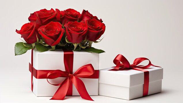 red roses and white gift box in front of white background Generative AI