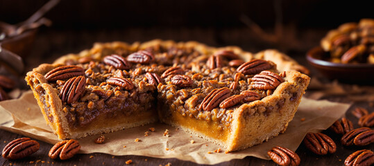 Pumpkin and pecan pie slices placed on parchment paper during Thanksgiving.