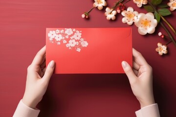 Hands holding chinese new year red gift envelope - obrazy, fototapety, plakaty