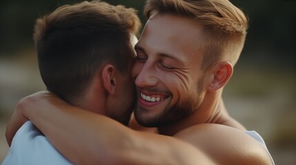 Obraz premium Two men smiling and hugging each other with love.