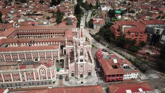Aerial drone shot of Santuario Nuestra Senora del Carmen in La Candelaria near Bogota downtown in Colombia, Latin America. High quality 4k footage.