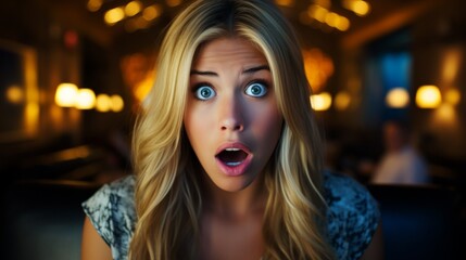 A woman with a shocked expression looking directly at the camera, displaying surprise or disbelief.