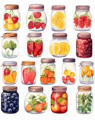 set of jars with jam fruits and vegetables