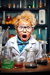 Kid boy with an astonished and surprised look dressed as a chemistry teacher conducting experiments in his room