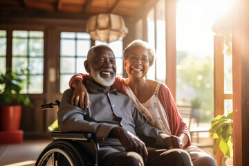 Beautiful loving couple in a retirement home. Senior man in a wheelchair laughing happily with a senior lady in a nursing home. Housing facility intended for the elderly people. - obrazy, fototapety, plakaty
