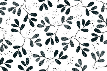 Seamless pattern of black white monochrome leaves. Botanical background with geometric elements. Summer modern print