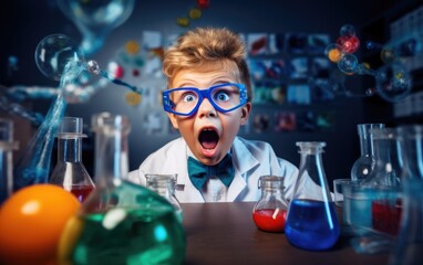 Kid boy with an astonished and surprised look dressed as a chemistry teacher conducting experiments in his room - obrazy, fototapety, plakaty