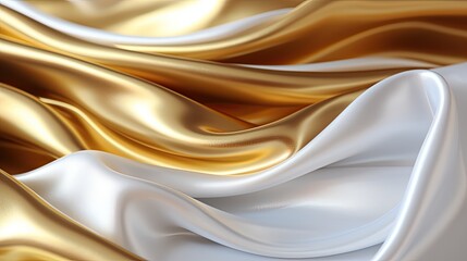 White and gold shiny luxury fabric background. modern silk wave backdrop in white and gold