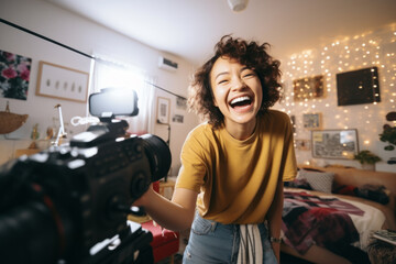 Beautiful young woman recording video blog with her camera. Teen influencer creating content for her social media account. Social media and blogging concept. - obrazy, fototapety, plakaty