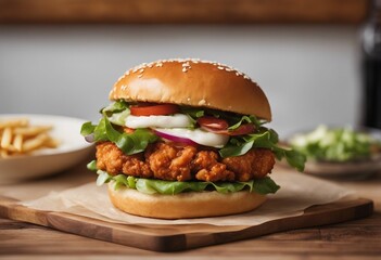 Fried chicken burger on wooden plate Fast food restaurant 
