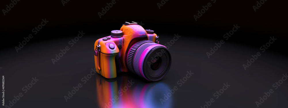 Wall mural a digital iridescent pink camera highlighted on a gray background. аn illustration with 3d rendering